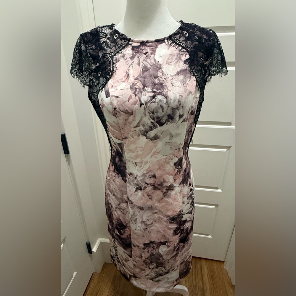 Lovely by Adrianna Pappell. Romantic Lace Cap Sleeve Sheath Dress. Size 4.